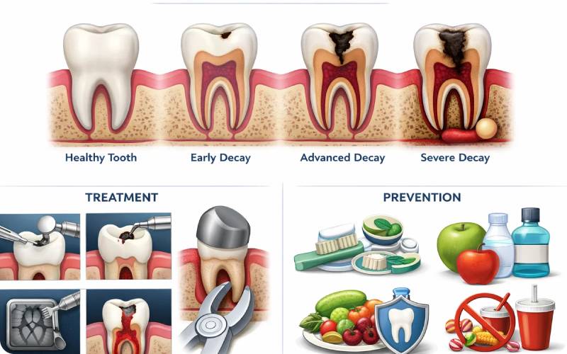 پوسیدگی دندان; مراحل، درمان و پیشرفت